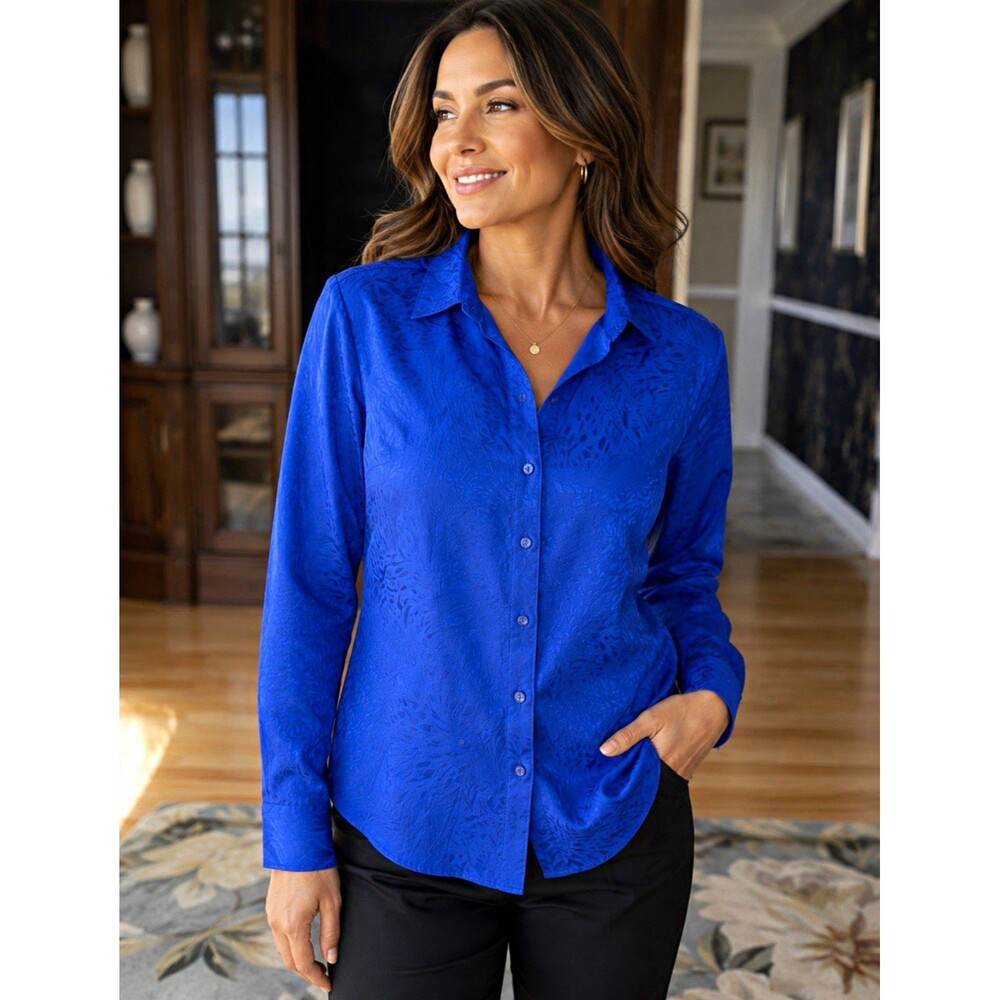 Chico's Women's Wrinkle Resistant Blue Floral Collared Button-Up L/S Shirt XL